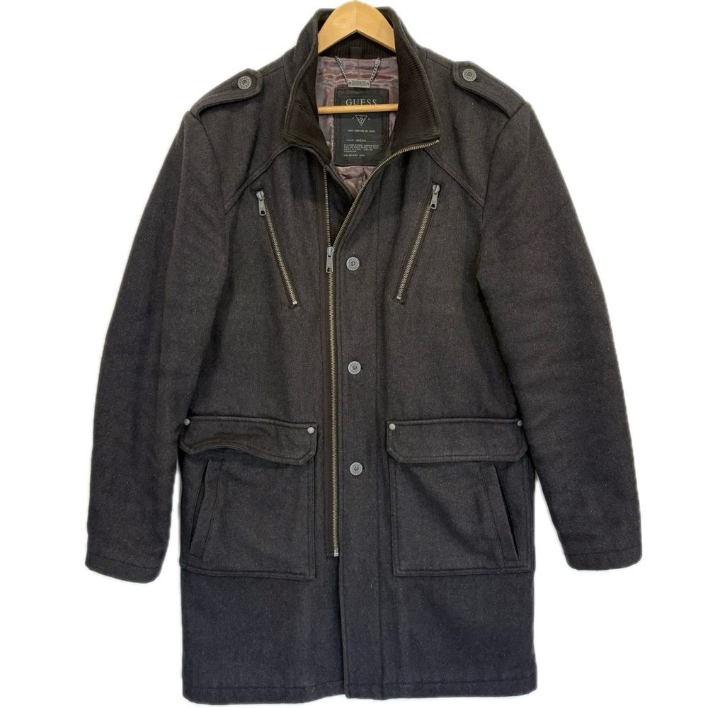 Guess Wool Blend Military Cargo Pocket Coat Mens Size Small Zipper Long Jacket